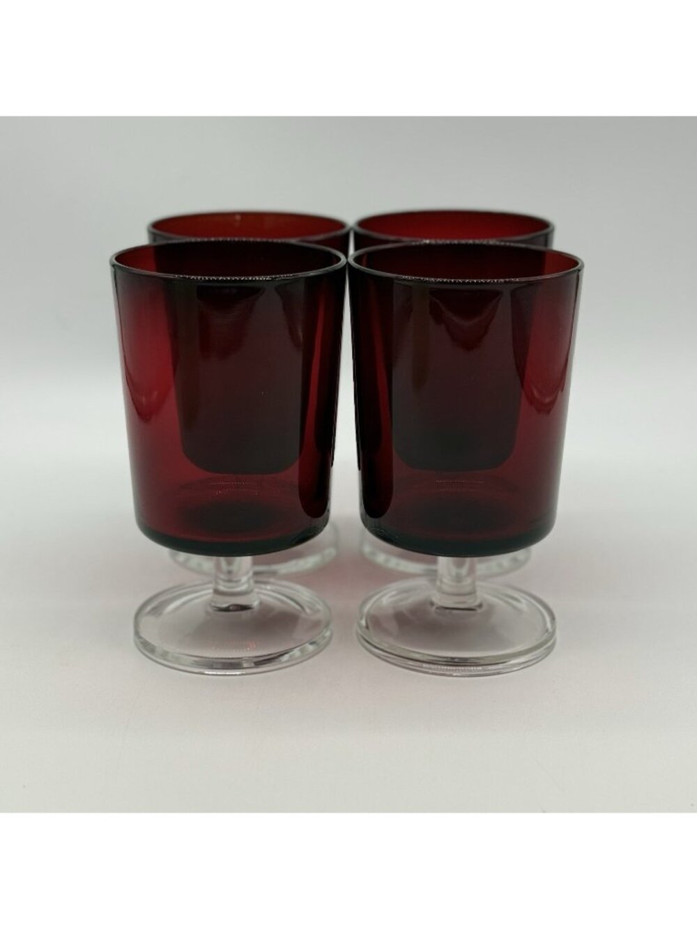 4 Pc 5" Vintage Ruby Red Stemmed Cocktail Glasses Clear Base Cadmium Glow French
